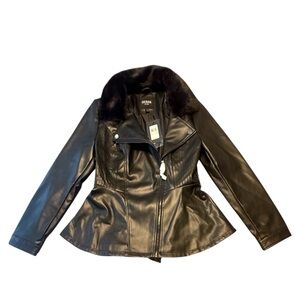 NWT Guess Women's Black Vegan Leather Jacket with Faux Fur Collar Size Medium